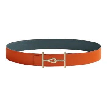 HERMES Casual Comfortable Gold Buckle Togo Calfskin Double-Sided Leather Belt Men's Orange/Hurricane Blue Width: 3.8cm