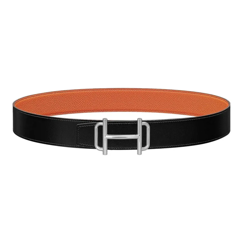 HERMES Royal Individual Silver Buckle Togo Calfskin Double Sided Leather Belt Men's Black/Orange Width 3.8cm-0