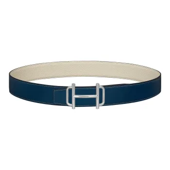 HERMES Individual Silver Buckle Togo Calfskin Double-Sided Leather Belt Men's Prussian Blue/Chalk White Width: 3.8cm