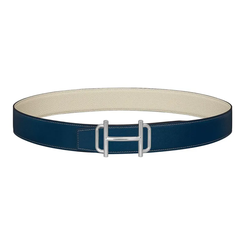 HERMES Individual Silver Buckle Togo Calfskin Double-Sided Leather Belt Men's Prussian Blue/Chalk White Width: 3.8cm-0