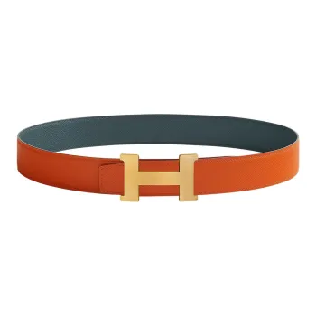 HERMES Business Comfortable Gold Buckle Togo Calfskin Double-Sided Leather Belt Men's Orange/Dark Blue Width: 3.8cm