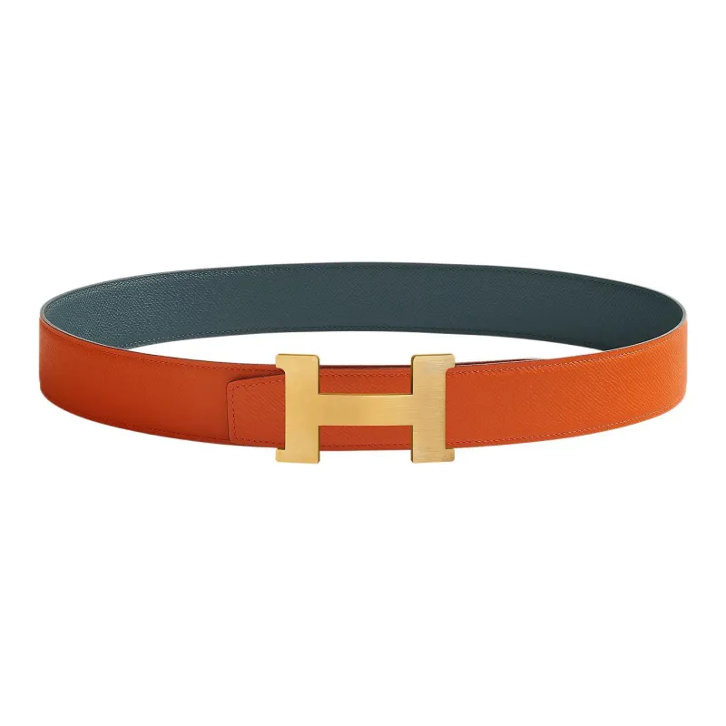 HERMES Business Comfortable Gold Buckle Togo Calfskin Double-Sided Leather Belt Men's Orange/Dark Blue Width: 3.8cm-0