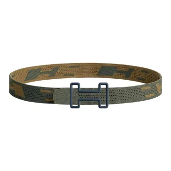HERMES Elegance Sports Tonight Color Blue Buckle Double-Sided Nylon Mesh Strap Leather Belts Men's Green Width: 3.2cm