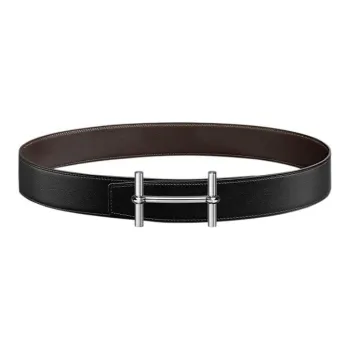 HERMES Comfortable Minimalist Style Silver Buckle Togo Calfskin Double Sided Leather Men's Black Width  3.8cm
