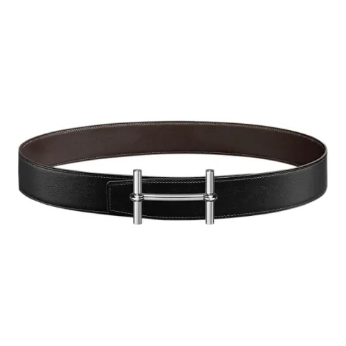 HERMES Comfortable Minimalist Style Silver Buckle Togo Calfskin Double Sided Leather Men's Black Width  3.8cm