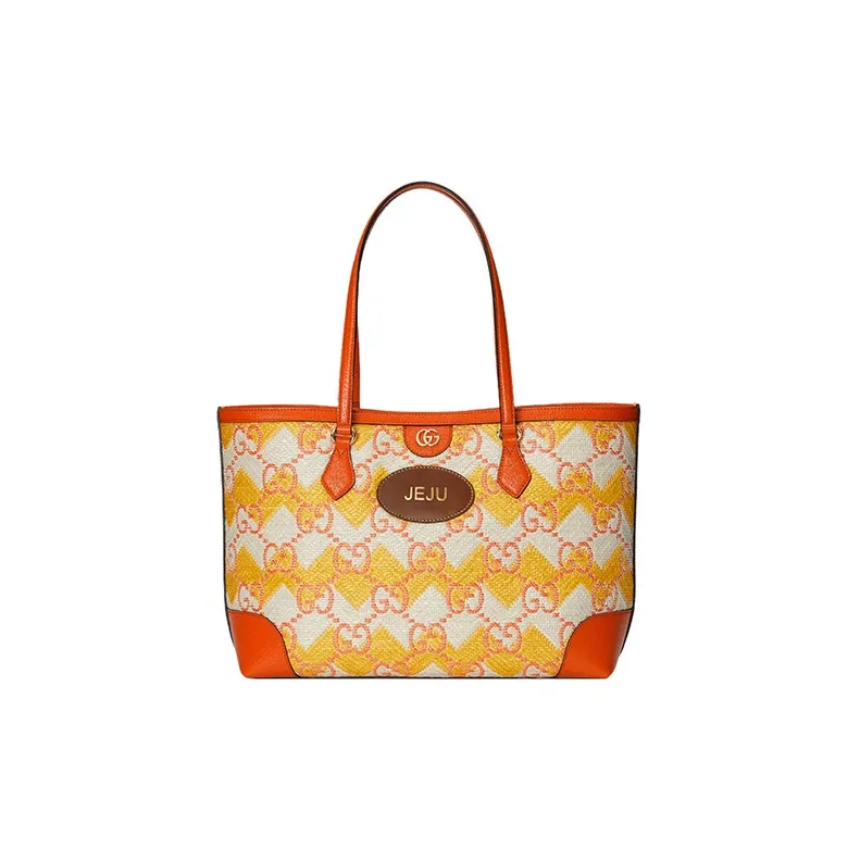 GUCCI Straw With Leather Trim Tote Bag Shopping Bag Shoulder Bag Handbag Women's Yellow/Orange-0