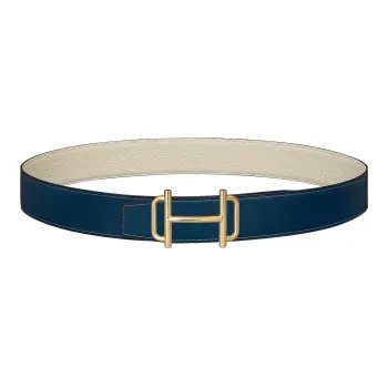 HERMES Royal Individual Gold Buckle Togo Calfskin Belt Men's Prussian Blue/Ecru Width 3.8cm