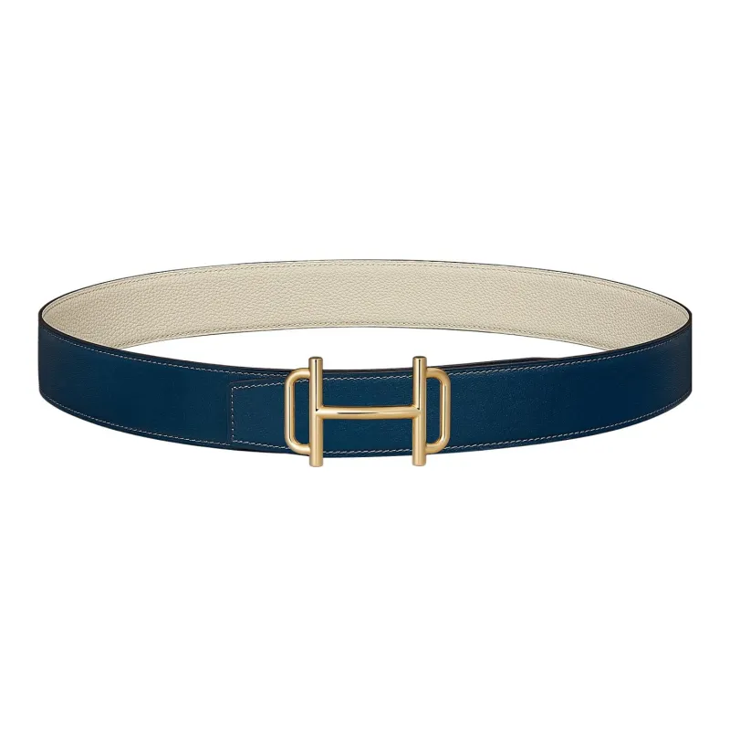 HERMES Royal Individual Gold Buckle Togo Calfskin Belt Men's Prussian Blue/Ecru Width 3.8cm-0