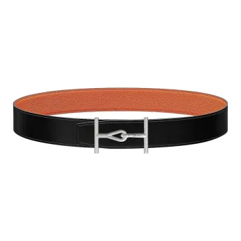 HERMES Trendy Casual Silver Buckle Togo Calfskin Double Sided Leather Belt Men's Black Width  3.8cm