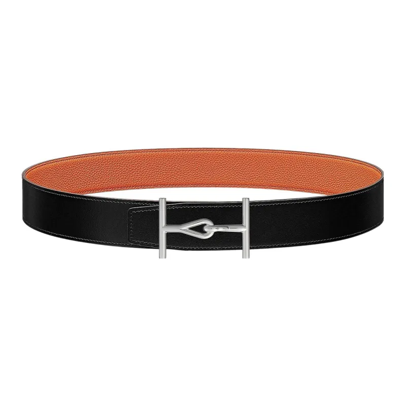 HERMES Jumbo Trendy Casual Silver Buckle Togo Calfskin Double Sided Leather Belt Men's Black Width 3.8cm-0