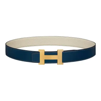 HERMES Matte Gold Buckle Togo Calfskin Double-Sided Leather Belt Men's Prussian Blue/Chalk White Width: 3.8cm