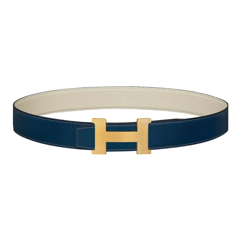HERMES Constance Matte Gold Buckle Togo Calfskin Double Sided Leather Belt Men's Prussian Blue/Chalk White Width 3.8cm-0