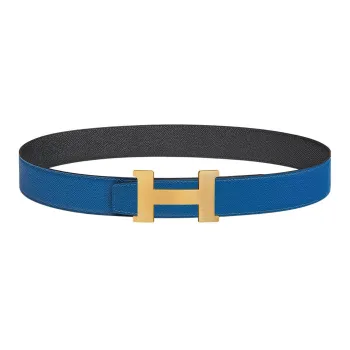 HERMES Minimalist Style Matte Gold Buckle Togo Calfskin Double-Sided Leather Belt Men's French Blue/Black Width: 3.8cm
