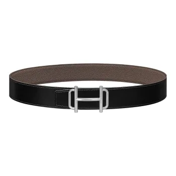 HERMES Double Sided Silver Buckle Togo Calfskin Double Sided Leather Belt Men's Black/Tin Gray Width  3.8cm