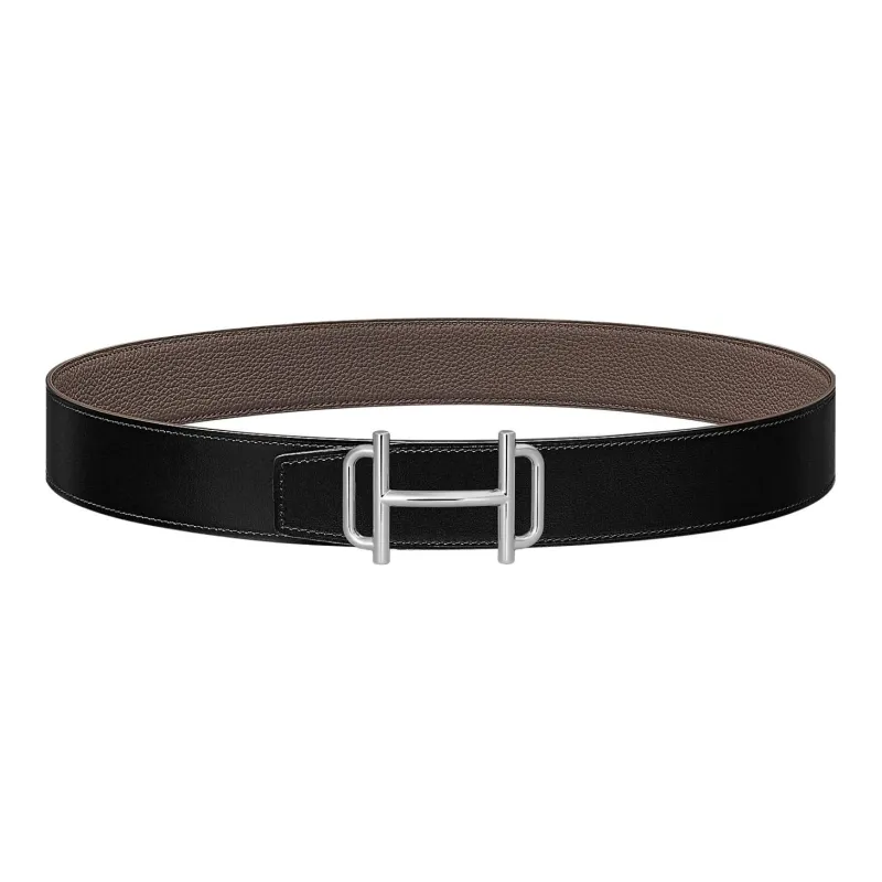 HERMES Royal Double Sided Silver Buckle Togo Calfskin Double Sided Leather Belt Men's Black/Tin Gray Width 3.8cm-0