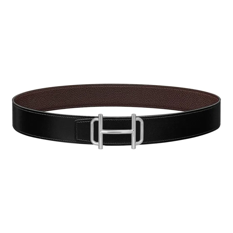 HERMES Togo Calfskin Double Sided Leather Belt Leather Belts Men's Black/Chocolate Width  3.8cm-0