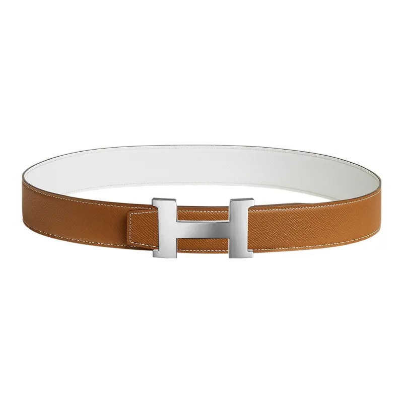 HERMES Constance Epsom Calfskin Double Sided Leather Belts Men's Gold/White Width 3.8cm-0