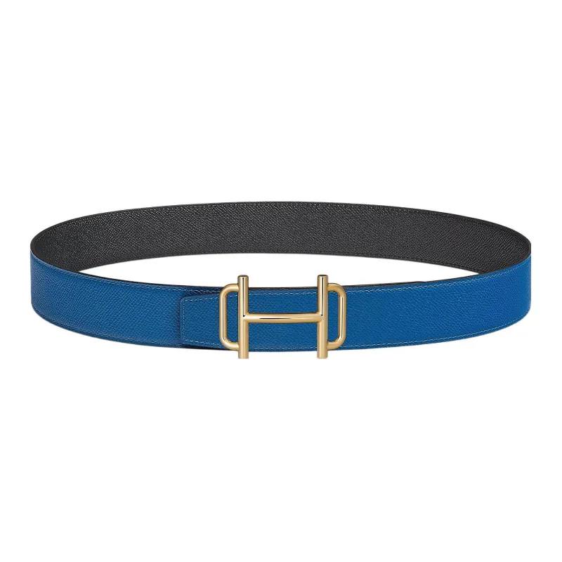 HERMES Royal Individual Gold Buckle Epsom Calfskin Double Sided Leather Belt Men's Blue/Black Width 3.8cm-0