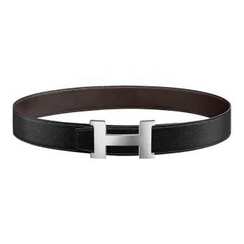 HERMES Minimalist Style Shiny Silver Buckle Togo Calfskin Double Sided Leather Belt Men's Black/Ebony Width  3.8cm