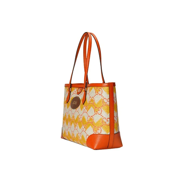 GUCCI Straw With Leather Trim Tote Bag Shopping Bag Shoulder Bag Handbag Women's Yellow/Orange-1