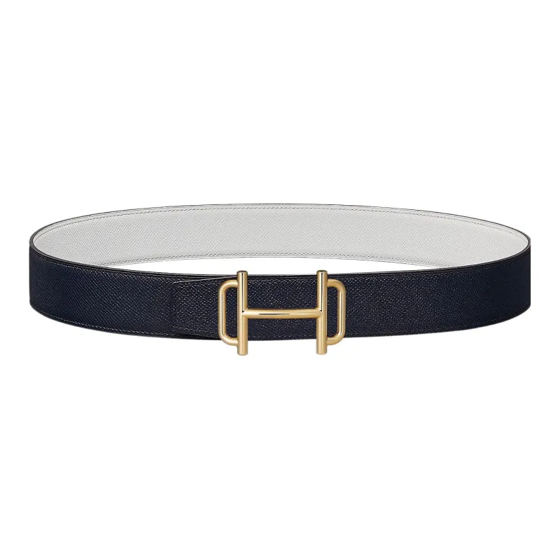 HERMES Royal Comfortable Gold Buckle Epsom Calfskin Double Sided Leather Belt Men's Indigo/White Width 3.8cm-0