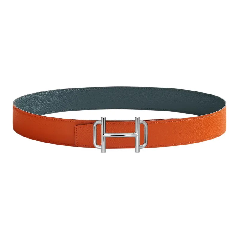 HERMES Royal Leather Belts Men Orange/Hurricane Blue-0