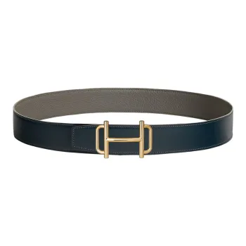 HERMES Royal Avant Garde Gold Buckle Togo Calfskin Double Sided Leather Belt Men's Marine Blue/Tin Gray Width 3.8cm
