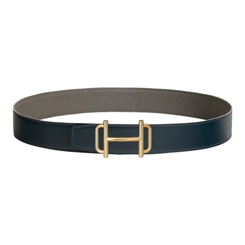 HERMES Royal Avant Garde Gold Buckle Togo Calfskin Double Sided Leather Belt Men's Marine Blue/Tin Gray Width 3.8cm-0