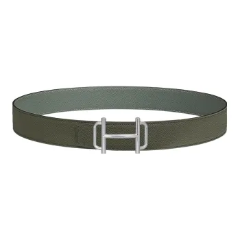 HERMES Classic Casual Silver Buckle Togo Calfskin Double-Sided Leather Belt Men's Gray Green Width: 3.8cm