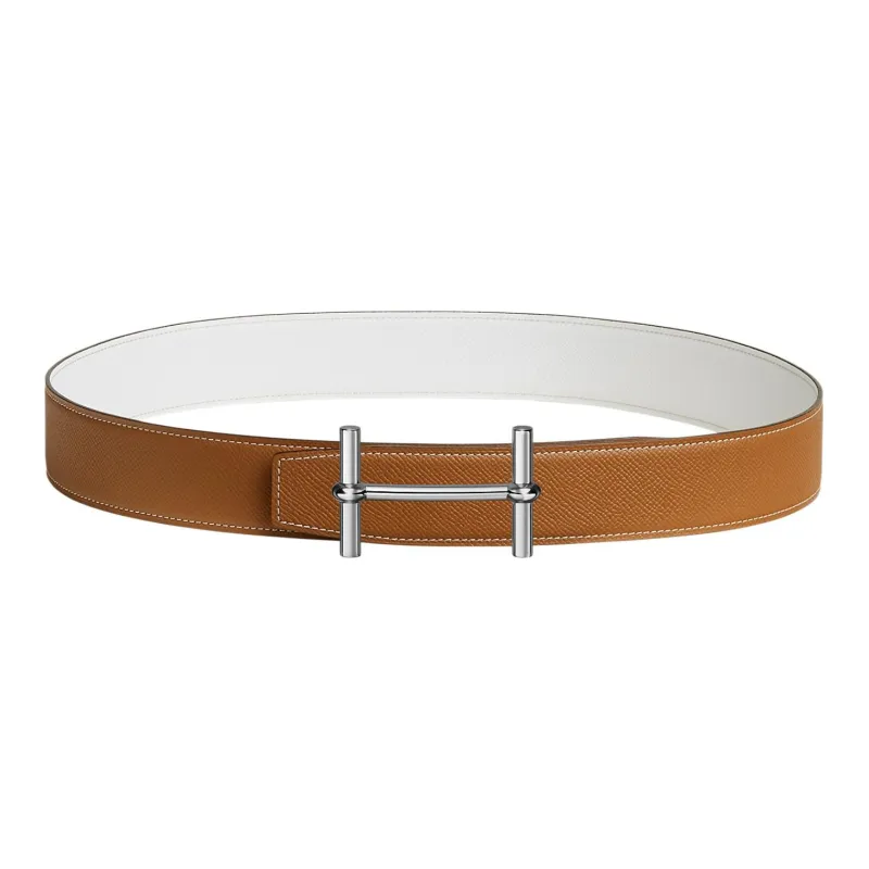HERMES Individual Double-Sided Silver Buckle Togo Calfskin Double-Sided Leather Belt Men's Brown/White Width: 3.8cm-0