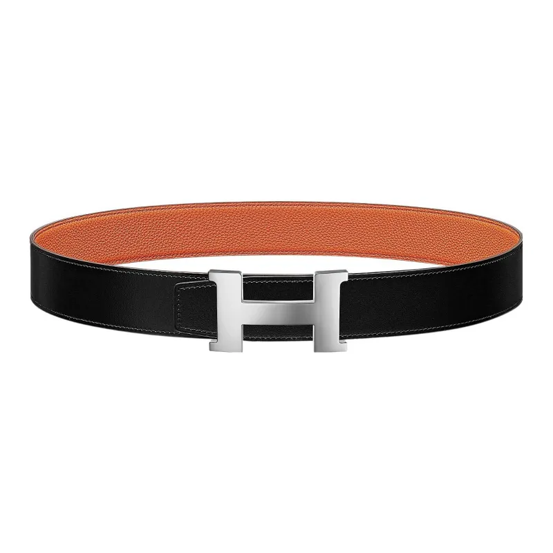 HERMES Constance Classic Logo Silver Buckle Togo Calfskin Double Sided Leather Belt Men's Black/Orange Width 3.8cm-0