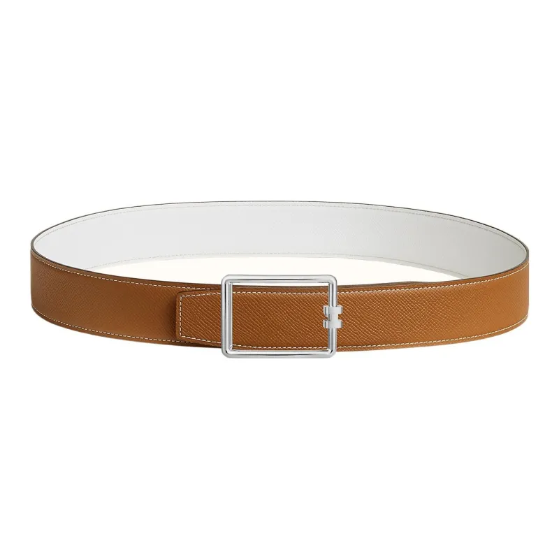 HERMES Casual Classic Elegance Elegant Silver Buckle Epsom Calfskin Double-Sided Leather Belt Men's Gold Width: 3.8cm-0