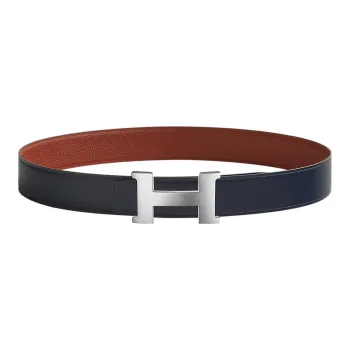 HERMES Constance Shiny Silver Buckle Togo Calfskin Double-Sided Leather Belt Men's Marine Blue/Burnt Red Width: 3.8cm