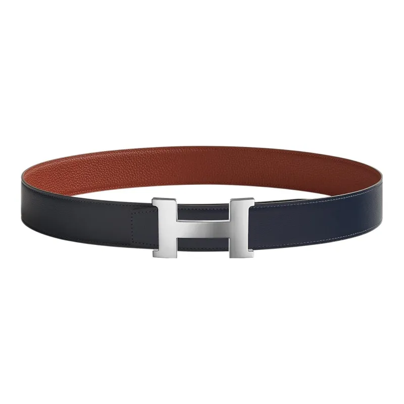 HERMES Constance Shiny Silver Buckle Togo Calfskin Double-Sided Leather Belt Men's Marine Blue/Burnt Red Width: 3.8cm-0