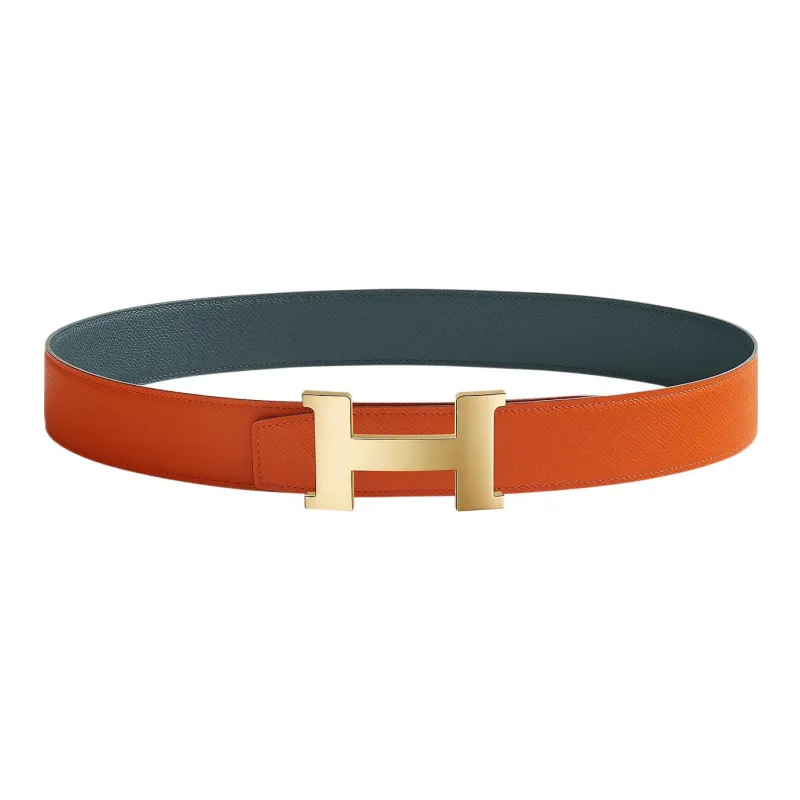 HERMES Constance Double Sided Gold Buckle Epsom Calfskin Double Sided Leather Belt Men's Orange/Blue Width 3.8cm-0