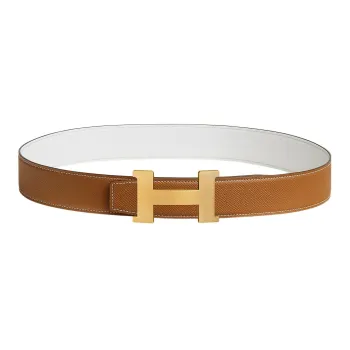 HERMES Minimalist Style Matte Smooth Gold Buckle Togo Calfskin Double Sided Leather Belt Men's Gold/White Width 3.8cm