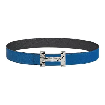 HERMES Quizz H2O Silver Black Buckle Togo Calfskin Double-Sided Leather Belt Men's French Blue/Black Width: 3.8cm