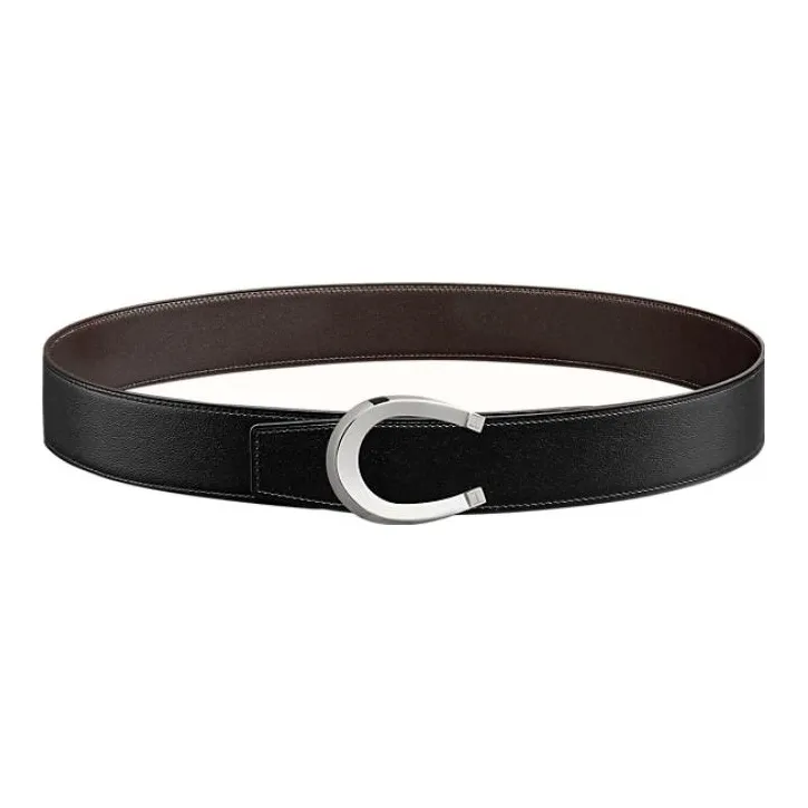 HERMES Double Sided Luck Silver Buckle Togo Calfskin Double Sided Leather Belt Men's Black/Ebony Width 3.8cm-0
