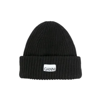 GANNI Logo-patch Ribbed-knit Beanie