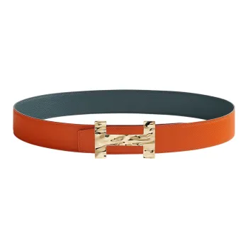 HERMES Quizz H2O Gold Buckle Epsom Calfskin Double-Sided Leather Waist Men's Orange/Hurricane Blue Width: 3.8cm