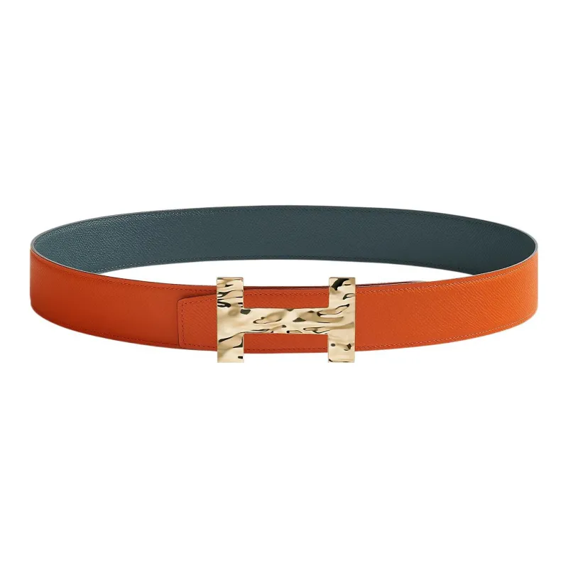 HERMES Quizz H2O Gold Buckle Epsom Calfskin Double-Sided Leather Waist Men's Orange/Hurricane Blue Width: 3.8cm-0