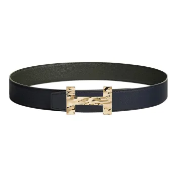 HERMES Fashion Quizz H2O Gold Black Buckle Togo Calfskin Double-Sided Leather Belt Men's Indigo/Ash Green Width: 3.8cm