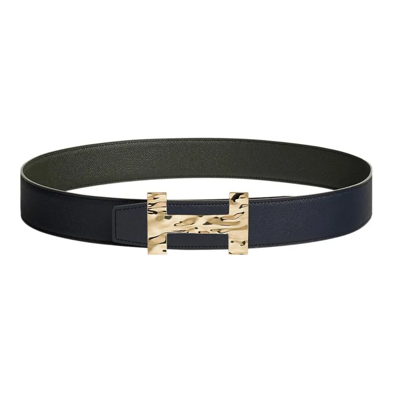 HERMES Fashion Quizz H2O Gold Black Buckle Togo Calfskin Double-Sided Leather Belt Men's Indigo/Ash Green Width: 3.8cm-0