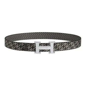 HERMES H Stripes Silver Buckle Nylon Belt Men's Black/Graphite Width 3.2cm