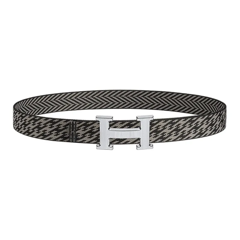 HERMES H Stripes Silver Buckle Nylon Belt Men's Black/Graphite Width 3.2cm-0