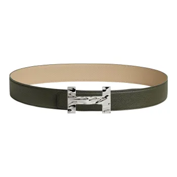 HERMES Quizz H2O Silver Buckle Epsom Calfskin Double-Sided Leather Belt Men's Gray Green/Cardigan Beige Width: 3.8cm