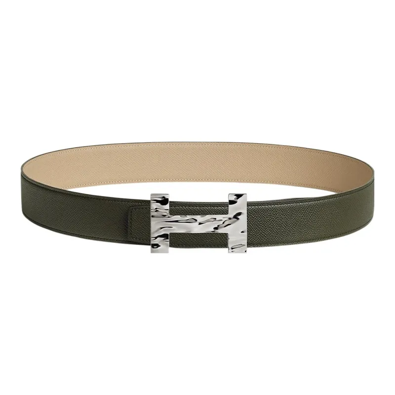 HERMES Quizz H2O Silver Buckle Epsom Calfskin Double-Sided Leather Belt Men's Gray Green/Cardigan Beige Width: 3.8cm-0