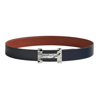 HERMES Quizz H2O Silver Buckle Togo Calfskin Double-Sided Leather Belt Men's Marine Blue/Vermilion Width: 3.8cm