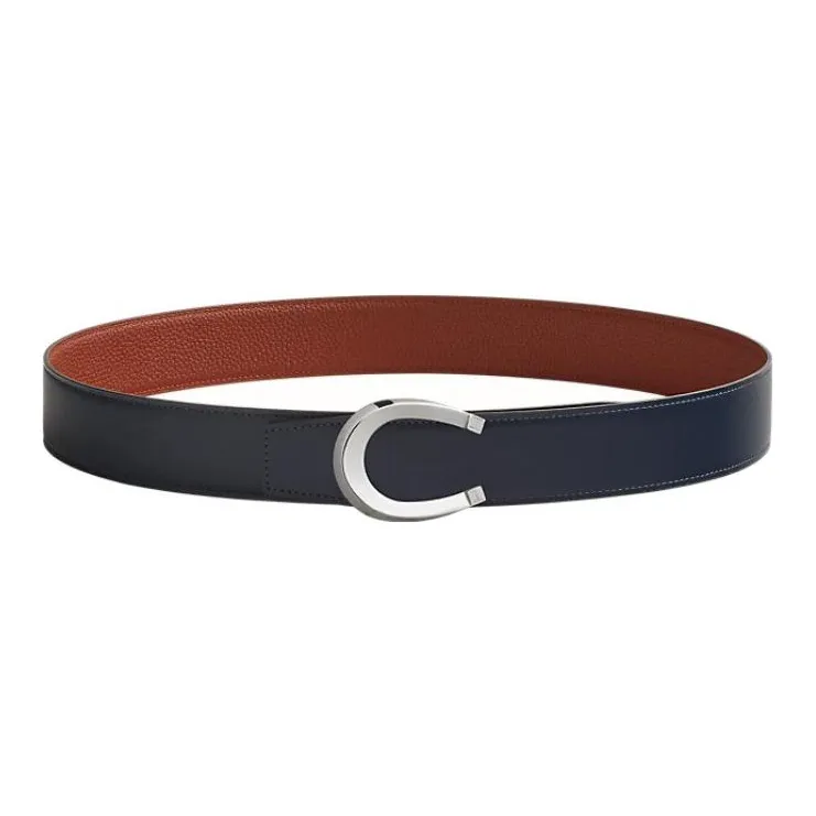 HERMES Leather Belts Men Marine Blue/Ochre Red-0
