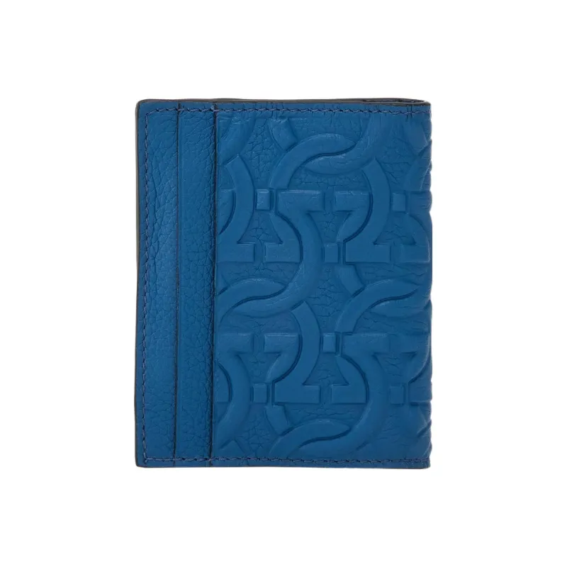 FERRAGAMO Travel Embossed Cow Leather Card Holder Men's Blue-1